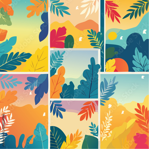 spring summer cards set with abstract leaves, plants, flowers