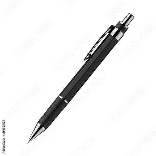 Modern black mechanical pencil with chrome accents isolated on transparent background