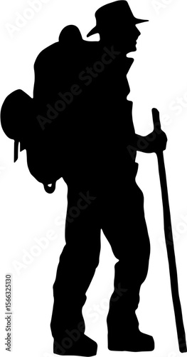 Man with backpack hiking in the mountains at sunset,silhouette of walking man with backpacks, hiking, trekking - vector illustration