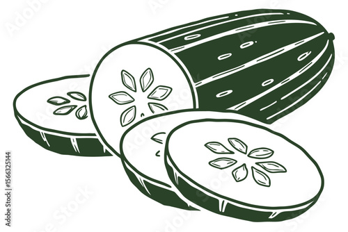 Fresh cucumber sliced in half flat vector illustration for healthy eating