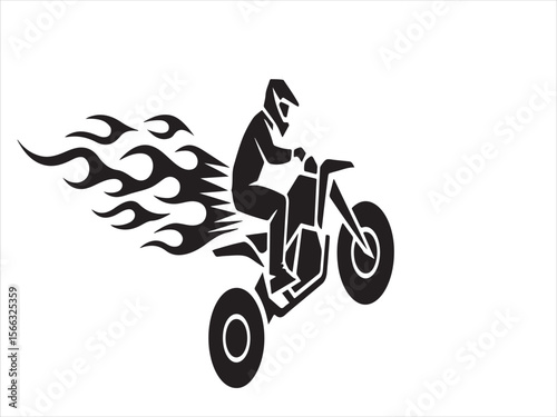 Black silhouette of a motocross rider on a bike with flames