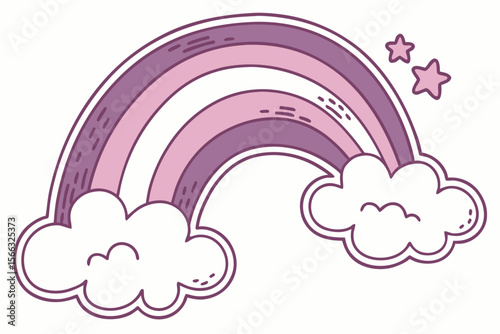 Vibrant flat sticker design featuring a colorful rainbow and fluffy white clouds