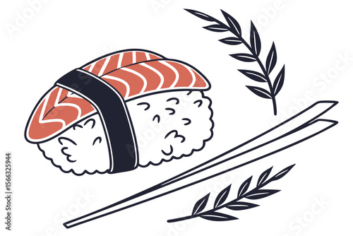 Minimalist flat design sushi icon with rice nori and fish