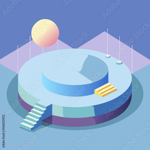 Isometric platform with stairs and yellow steps under a gradient sphere in a pastel color scheme scene