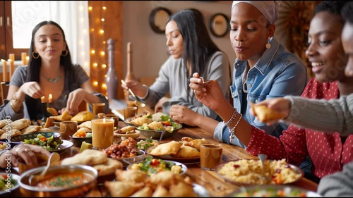Vegetarian Indian food. several people eat Indian food at a common table together. The girl's hand takes Samos from the plate.