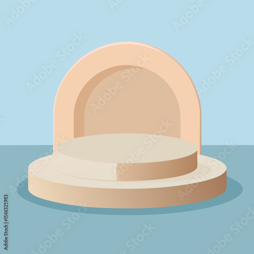 Aesthetic product display stage with a circular backdrop and two tiered platform in pastel colors
