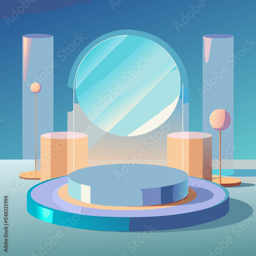 Aesthetic product display stage with geometric shapes and pastel colors in a studio setup scene