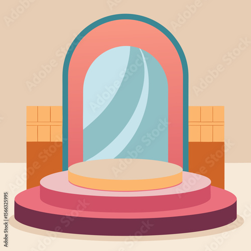 Illustration of a three tiered platform with an archway and square structures behind it shown