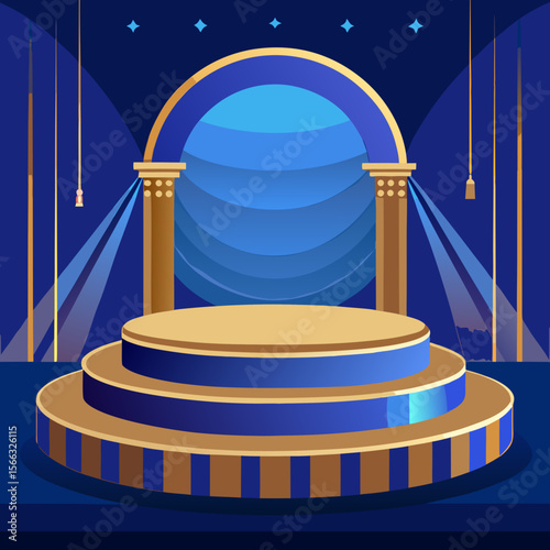 A three tier stage with gold trim and blue accents under spotlights and a blue arched backdrop design