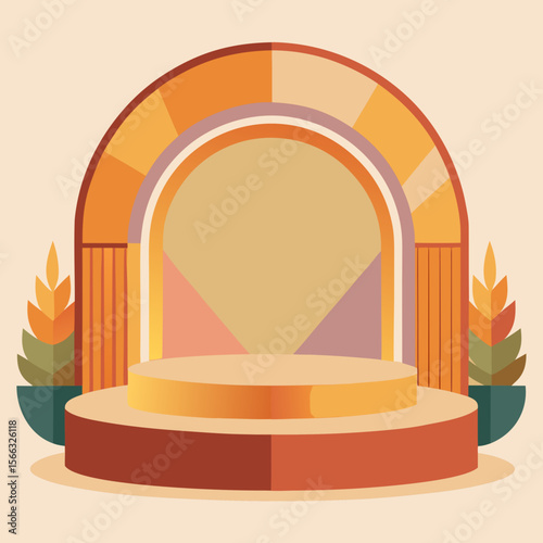 Illustration of a two tiered podium with an archway and plants on a light beige background scene