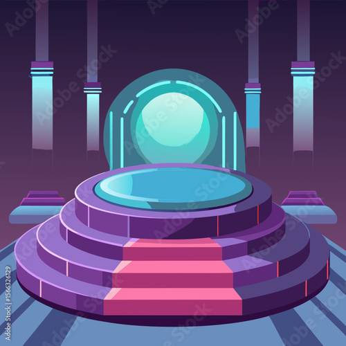 Illustration of a futuristic stage with a portal and steps in shades of purple and teal color scheme