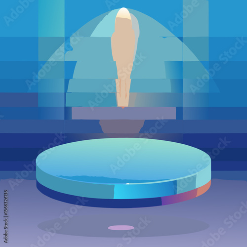Abstract geometric scene featuring a round platform and an elongated figure in blue tones and soft lighting
