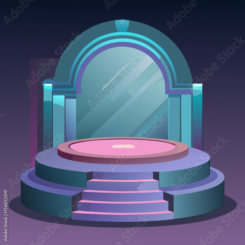 Illustration of a stage with stairs and an archway in shades of blue and pink on a dark background
