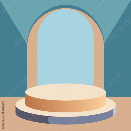 Aesthetic product display podium with archway and geometric shapes in pastel color palette design render