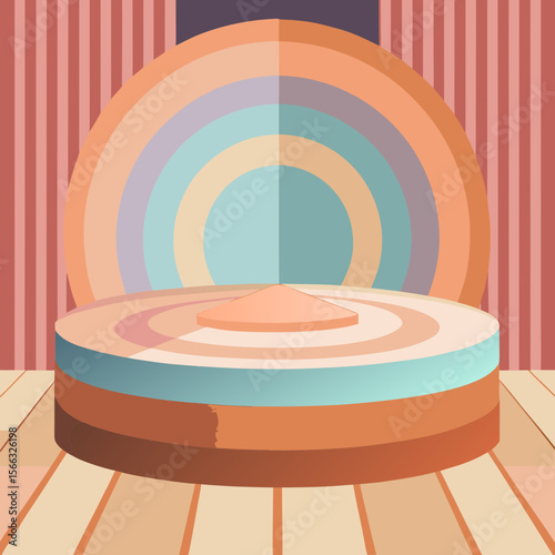 Pastel stage with circular backdrop and platform in a room with striped wall coverings design