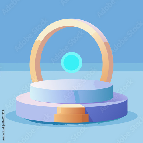 A pastel scene featuring a two tiered platform with a ring and a floating sphere in a studio setting