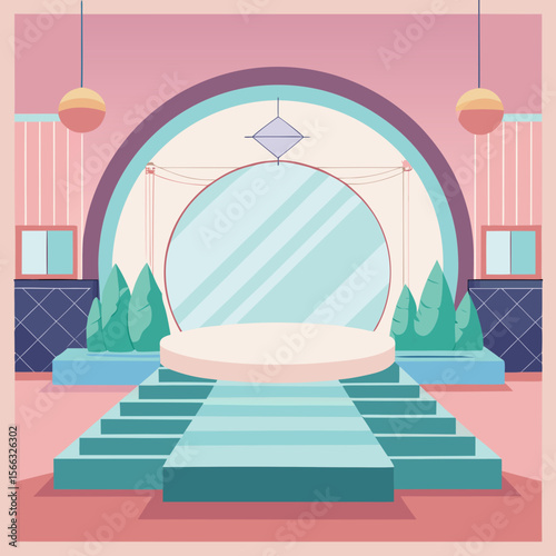 Illustration of a stage with a circular backdrop and teal steps in a pastel colored setting scene