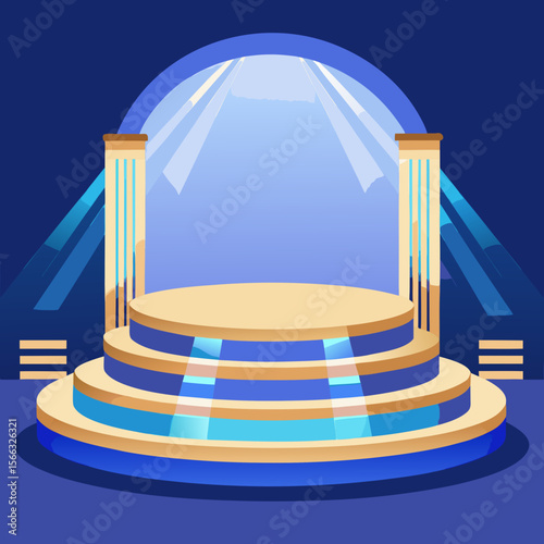 Illustration of a three tiered stage with spotlights and pillars in a blue color scheme design style