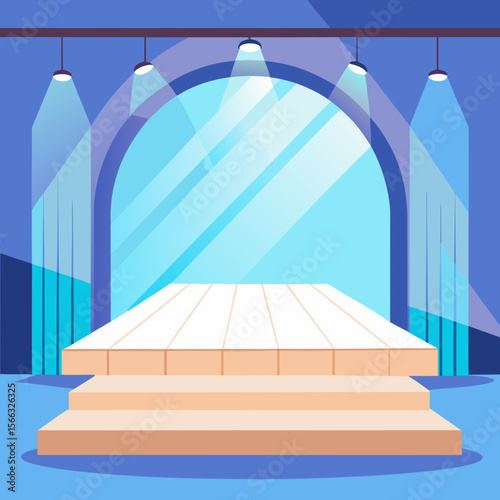 Illustration of a stage with spotlights and an archway in a blue themed color palette scene design