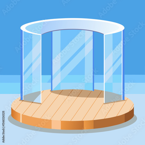 A cartoon illustration of a revolving door with glass panels and a wooden circular base structure present