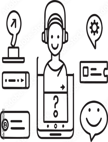 A customer service representative icon with headset and various support related icons around them online help