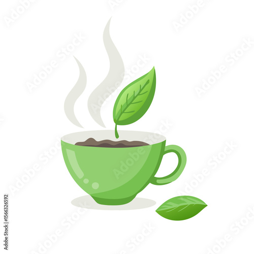 Vector illustration of a green cup of tea with a leaf, perfect for organic and eco-friendly branding