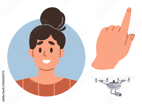 Smiling woman with a bun hairstyle, a pointing hand gesture, and a quadcopter drone. Ideal for communication, innovation, technology, interaction, control creativity futuristic concepts. Simple