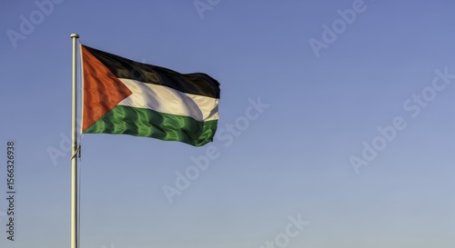 Vibrant palestine flag waving proudly on a flagpole against a clear blue sky