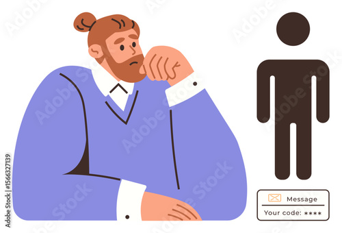 Man resting chin on hand, thinking deeply. Next to him, a silhouette figure and text box prompt with code. Ideal for security, identity, authentication, privacy concerns, password safety