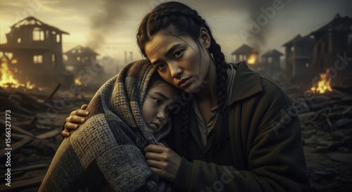 Wallpaper Mural Resilient woman comforts child amidst war torn village with burning houses Torontodigital.ca