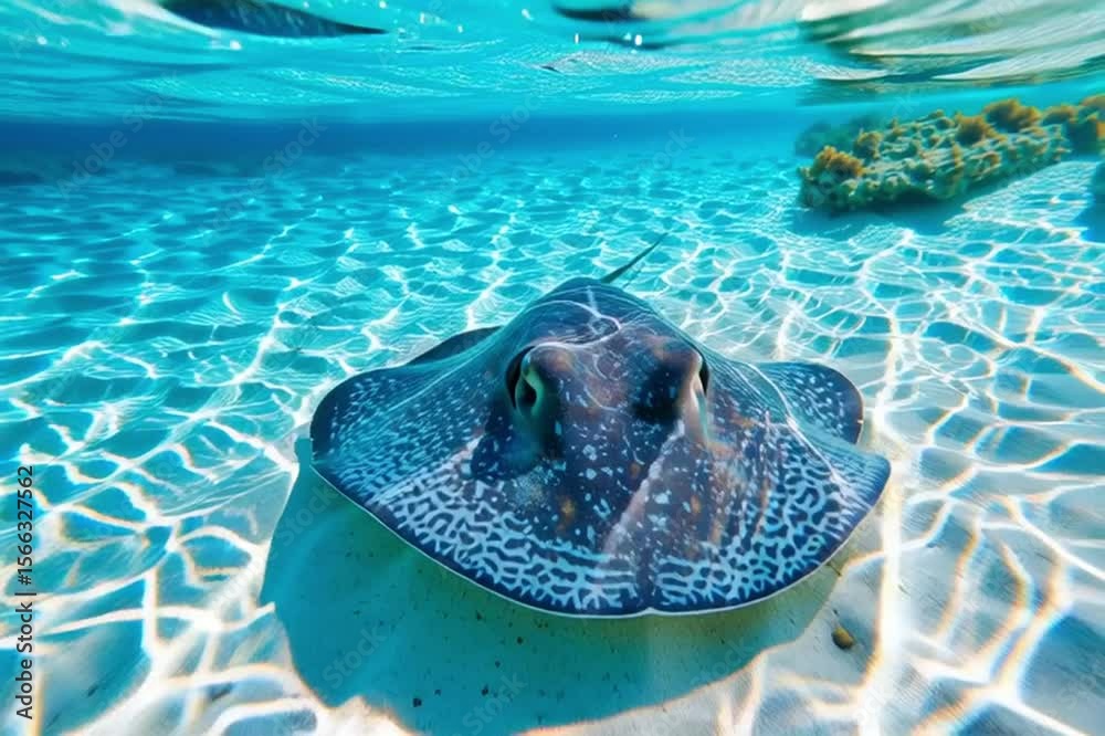 A sea stingray swims in turquoise sea water.