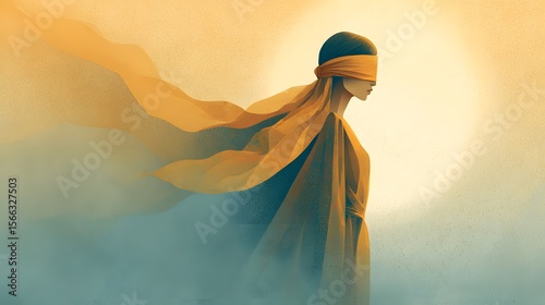 Surreal Vector Illustration of a Mysterious Blindfolded Lady in a Soft Scarf, Emanating Emotional Balance, Trust, and Inner Strength