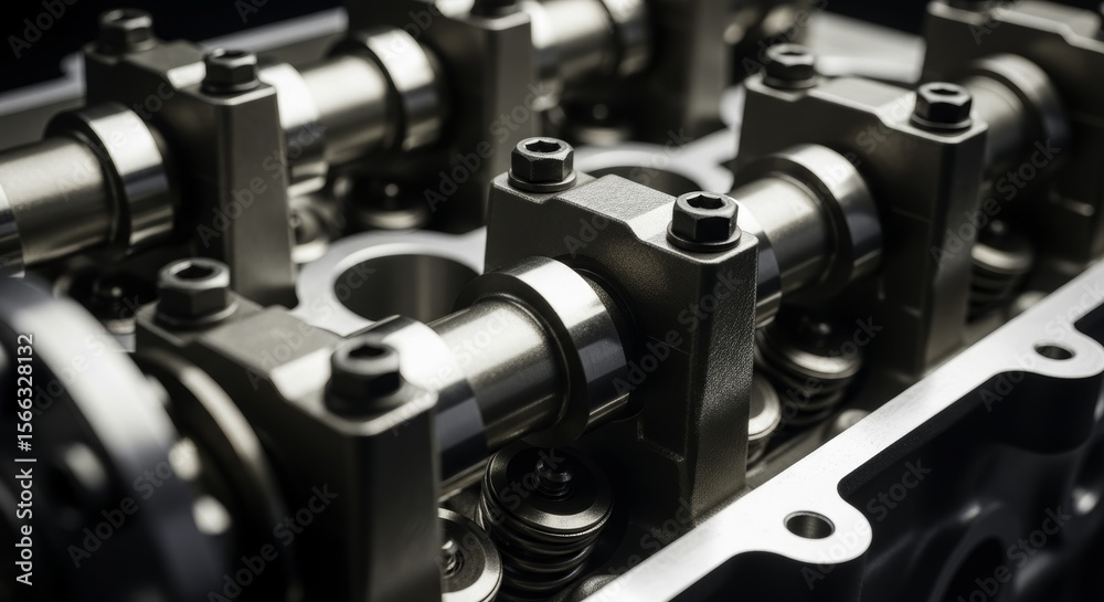 Fototapeta premium Close up view of a modern car engine cylinder head with valve train components