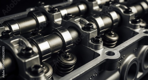 Close up of an engine cylinder head with valve train and timing components