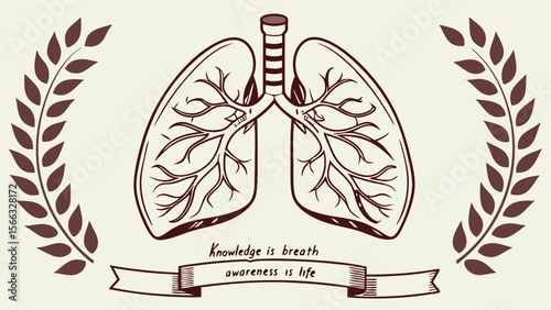 Illustration of lungs framed by laurel wreaths, with a banner stating "Knowledge is breath, awareness is life.".