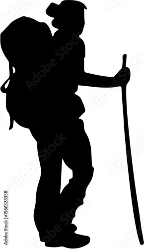 women with backpack and walking stick, adventure on mountain silhouette vector art,Outdoors women on a backpacking adventure.Hiker in silhouette
