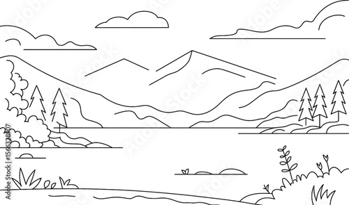 Black and white minimalist landscape illustration with mountains trees and clouds