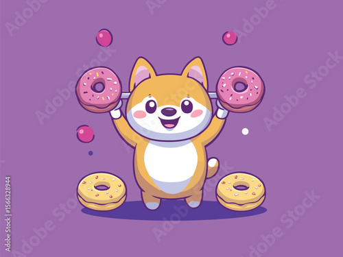Cute Shiba Inu Dog Lifting Doughnuts Cartoon Illustration on Purple Background