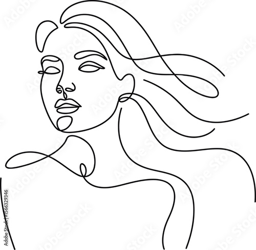 Woman's Face and Flowing Hair One Line Drawing line art