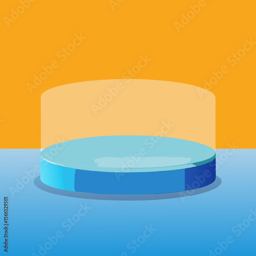 A blue cylindrical platform with a lighter blue top surface on a light blue and orange background