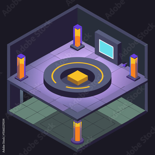 Isometric view of a futuristic room with a central platform and glowing pillars and a screen on the wall