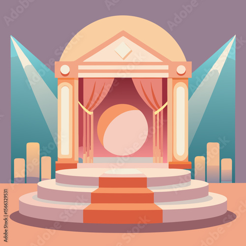 Illustration of an ornate stage with columns, curtains, spotlights, and a circular backdrop design element