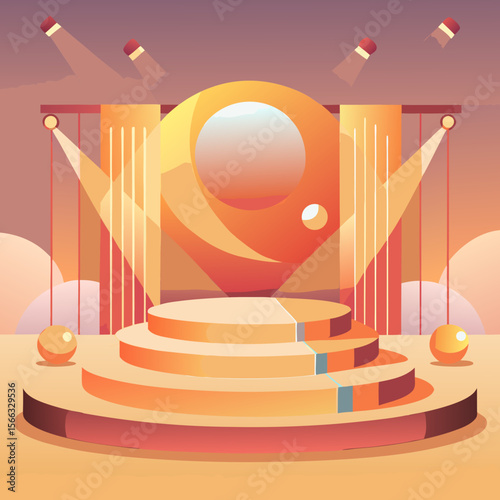 Illustration of a stage with spotlights and geometric shapes in orange and purple hues design