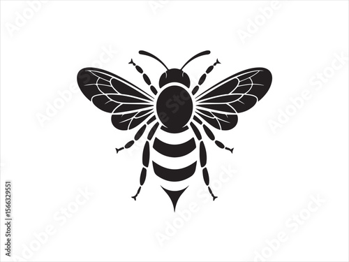 Stylized black silhouette of a bee with detailed wings and segmented body on white background