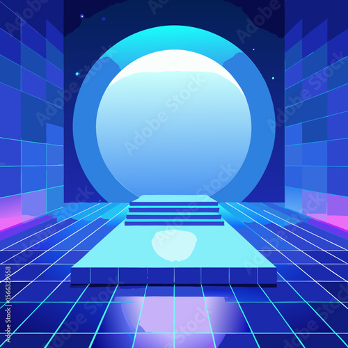 Aesthetic stage with a circular backdrop and neon grid floor in shades of blue and purple colors