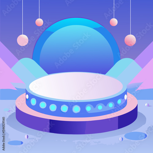 A vibrant stage with a circular platform and hanging spheres against an abstract geometric backdrop design
