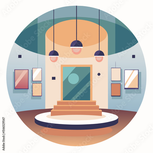 Illustration of an art gallery interior with paintings and hanging lights in a circular frame design