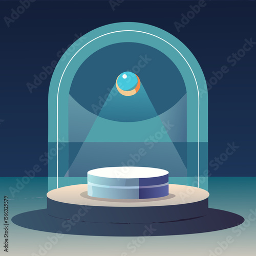 Orb under spotlight inside glass dome on a pedestal with a dark blue background and soft lighting effects