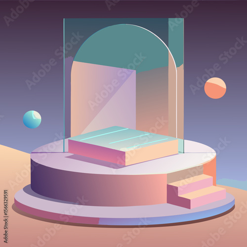 Geometric platform with arch and floating spheres in pastel colors abstract composition design scene view