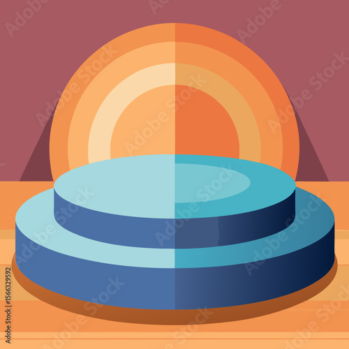 A two tiered blue platform stands before a segmented orange circle on a reddish brown background art